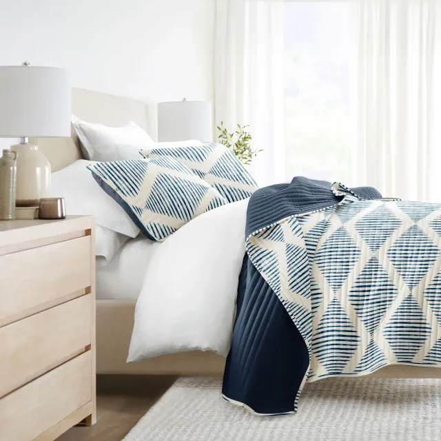 Geometric and Floral Modern Reversible Quilt and Shams Set - Becky Cameron, Distressed Diamond / Navy, King/California King