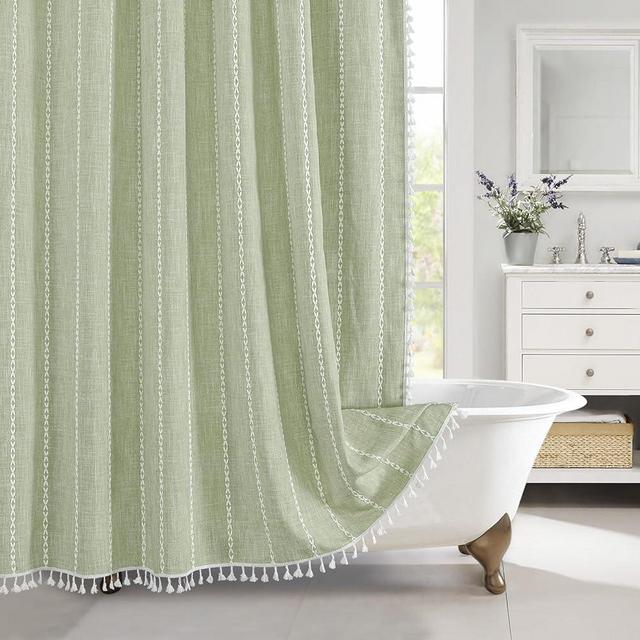 MitoVilla Sage Green Shower Curtain 72 x 78, Boho Farmhouse 78 inch Long Cotton Linen Tassel Ultra Thick Heavy Duty Fabric Shower Curtains for Chic Cottagecore French Rustic Bathroom Decor