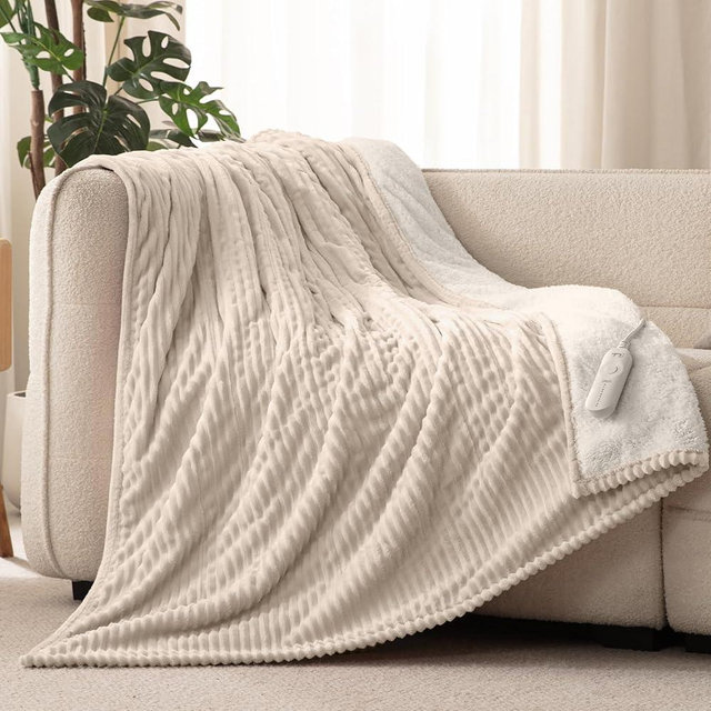 Reaks Electric Heated Throw Blanket, Silky Soft Flannel & Sherpa Heating Blanket Throw with 5 Heat Levels & 3 Hours Auto Off, Warm Gifts for Women Mom Grandma, ETL Certified (50x60 inches, Beige)