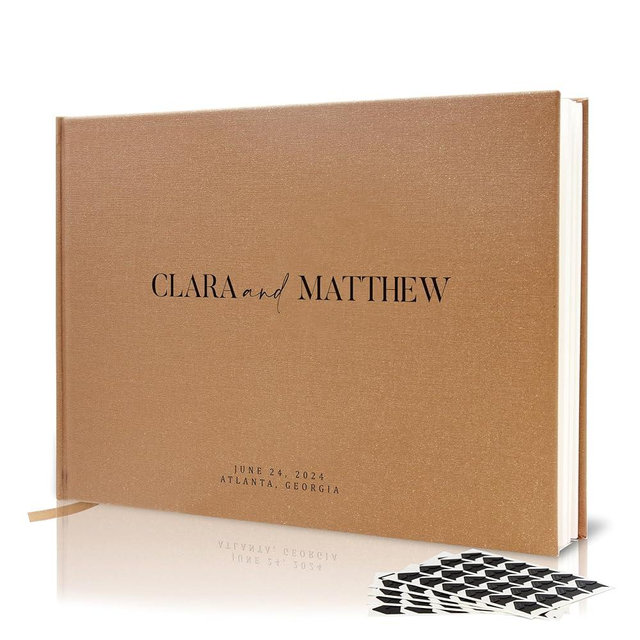 Personalized Guest Book - Premium Custom Guest Signing Book with Bookmark and Blank Pages for Wedding Reception Table Decoration Engagement Birthday Party Event, Bronze Shimmer, 11.5" x 8.5", Font 2