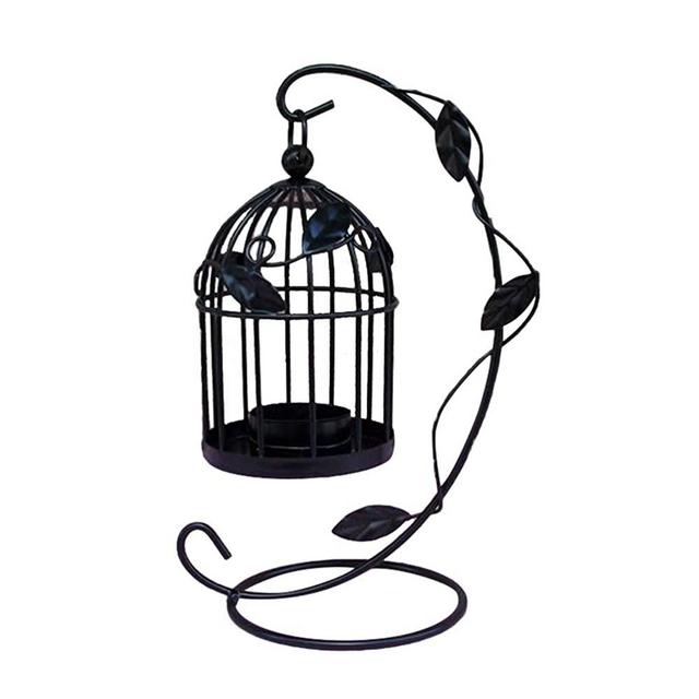 Mobestech Metal Candle Holder Hollow Out Bird Cage Vintage Hanging Candlestick Lantern for Home Wedding Centerpiece Decoration (Black)