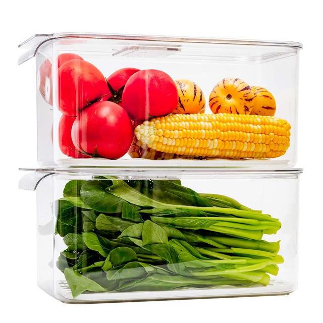 Slideep Refrigerator Food Storage Containers, Produce Saver Stackable Container with Lids & Removable Drain Tray, Freezer Bins Stay Fresh for Kitchen Pantry 2 Pack