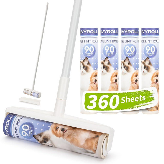 IVYROLL Large Lint Rollers for Floor, Lint Roller with 360 Sheets Refill with Long Handle for Cleaning Carpets, Cars, Clothing, and Pet Hair