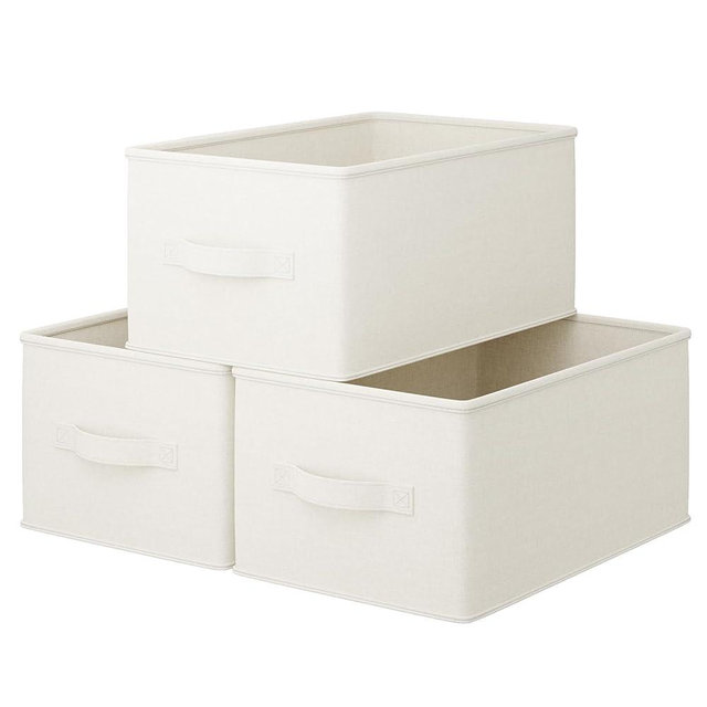 LayerSpace 3 Pack Large Fabric Storage Bins for Shelves | 14.5x10x9in Closet Storage Bins | Collapsible Storage Bins for Organization | Linen Clothes Storage Bins | White & Ivory