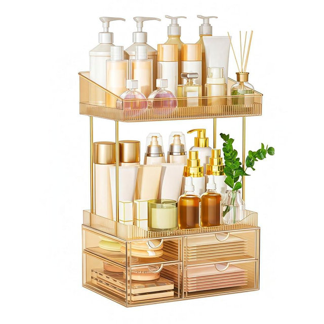 SNSLXH 4 Drawers Makeup Organizer - 4 Tier Makeup Storage, Cosmetics Organiser, Ideal for Cosmetic, 4 Dividers with Drawers for Countertop, Bathroom, Office Supplies, Dresser Transparent Tawny