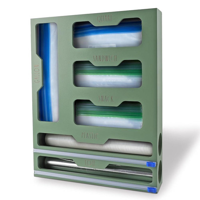 Rae Dunn Bamboo Bag Organizer for Kitchen Drawer - Durable Wood Organizer for Kitchen Storage - Holds Gallon, Quart, Snack, Sandwich Size Baggies, Plastic Wrap and Foil