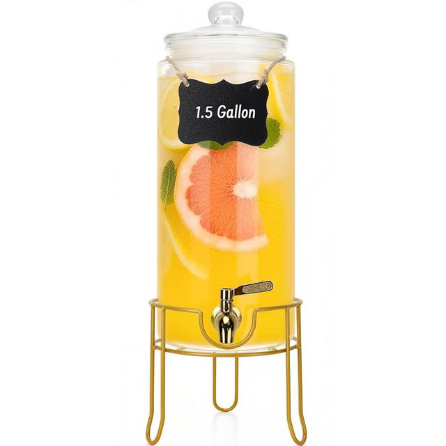 DHSBTLS 1.5 Gallon Glass Drink Dispensers, Round Beverage Dispenser for Party, BBQ and Picnic, Clear Airtight Juice Dispenser with Golden Stand, Stainless Steel Spigot, Markers and Chalkboard
