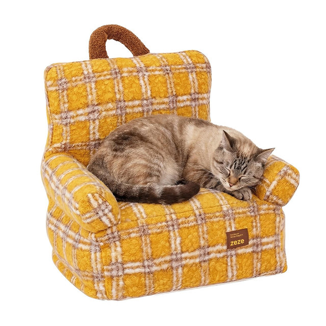 zeze Vintage Furniture Style Sofa Pet Bed - Yellow Small - Couch for Dogs & Cats, Thick Supportive, Removable Washable Cover, Anti-Slip Bottom