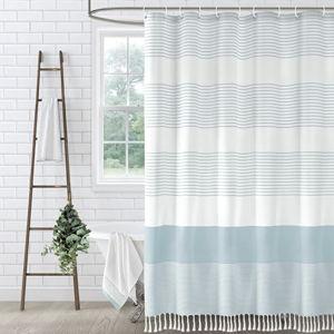 Aqua Blue Shower Curtain Cotton Coastal Ocean Striped Shower Curtains for Bathroom with Tassel 72 X 72