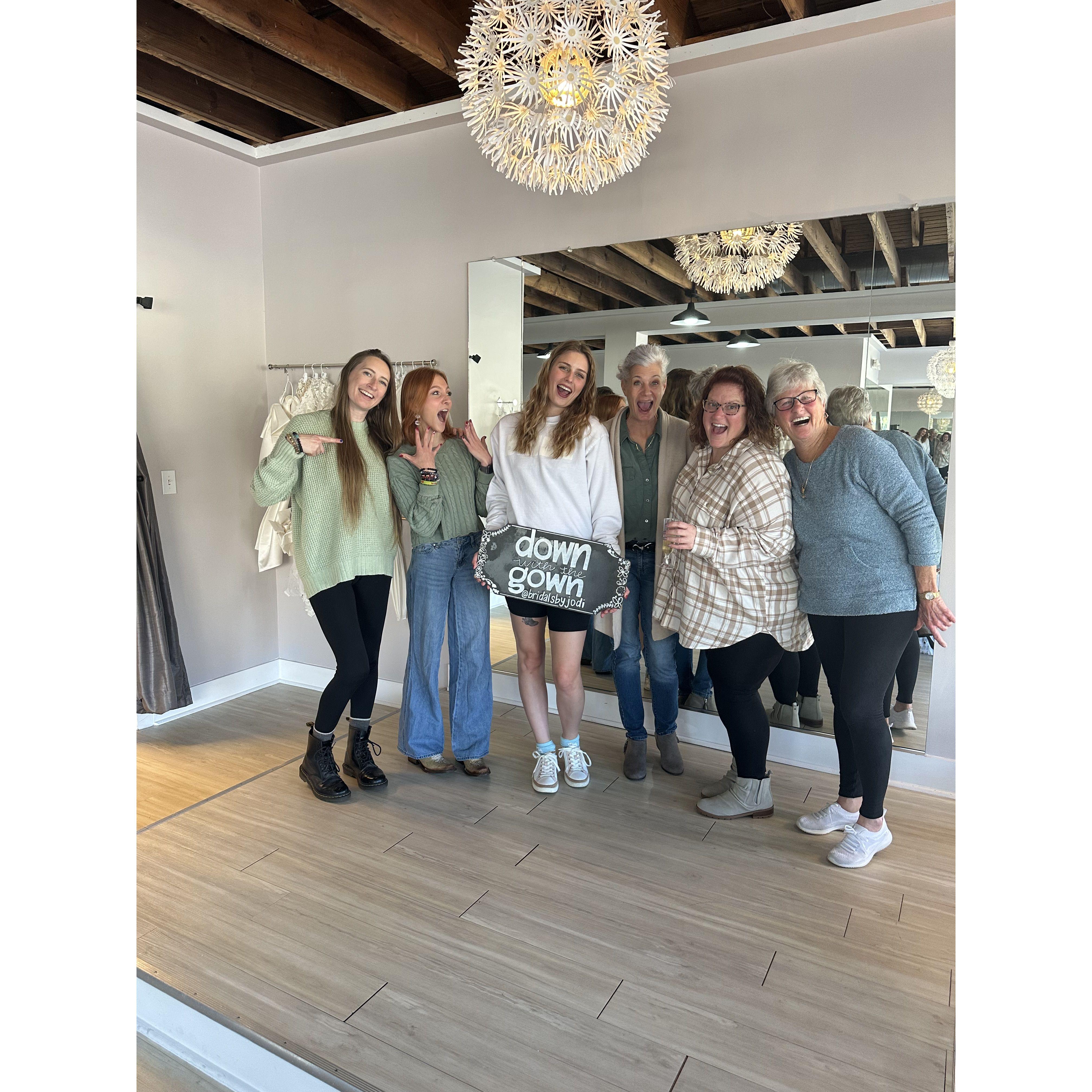Morgan and her dress shopping crew! McLain, Ashley, Morgan, Sandra, Claire and Nana