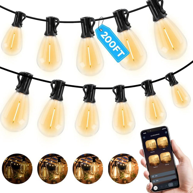 GvvooHome 200FT Outdoor String Light with S11 Plastic Bulbs, Low-Voltage LED Patio Light with App & Remote, Music Sync, 4 Lighting Modes, Dimmable & Waterproof for Backyard, Porch, Garden, Deck, Party