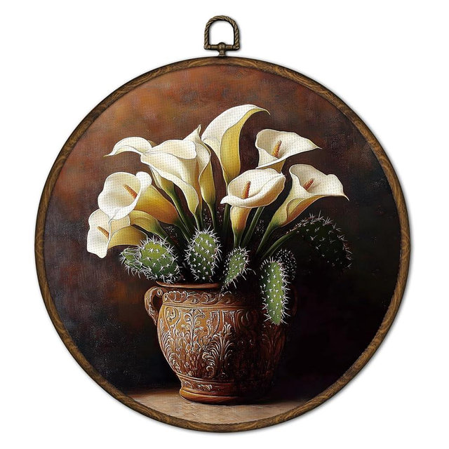 cvjutf Vintage Mexican Flower Wall Art Decor Framed, Cactus Plant floral Round Wall Decor, Mexican Botanical Canvas Prints Art for Bathroom Bedroom Living Room, 10x10 Inch