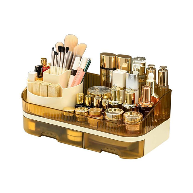 Tidyladyo Rotating Makeup Organizer Countertop, Dual Drawer Clear Acrylic Cosmetic Storage