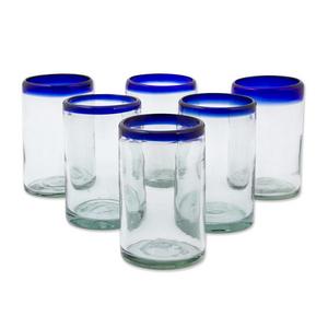 NOVICA Artisan Crafted Hand Blown Clear Blue Rim Recycled Glass Juice Glasses, 14 oz. 'Classic' (set of 6)