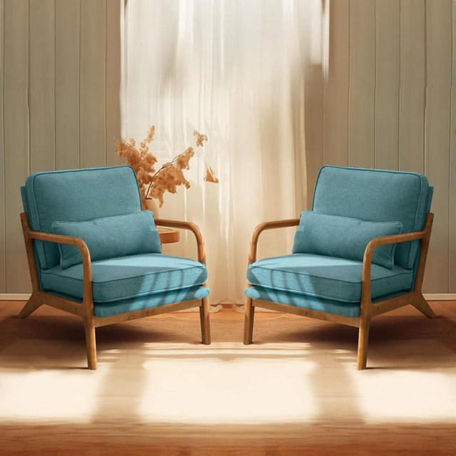 Bonnlo Teal Accent Chairs Set of 2, Upholstered Mid Century Modern Lounge Chairs Reading Chairs Side Sitting Chair Solid Wood Farmhouse Armchairs for Living Room, Bedroom, Guest Room