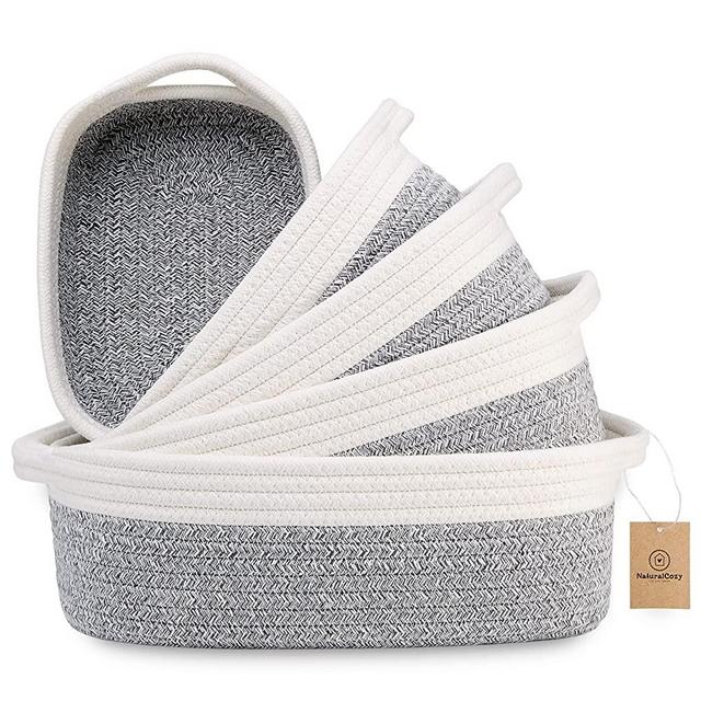 NaturalCozy 5-Piece Rectangle Storage Basket Set- Natural Cotton Rope Woven Baskets for Organizing! Small Basket for Montessori, Baby Nursery, Dog Toy Baskets, Cat Toy Box, Bathroom Organization Bin