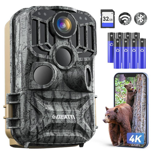 DEATTI Trail Camera 48MP 4K Game Camera with 8 Batteries 32G SD Card,WiFi Bluetooth Connection,Trail Cameras with Night Vison Motion Activated Waterproof for Wildlife Deer Outdoor 0.1s Trigger Time