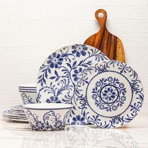 Bzyoo 12-Piece Melamine Dinnerware Set - Indigo Floral | Lightweight, Durable, BPA-Free | Dishwasher Safe Dish Set for Indoor & Outdoor Use
