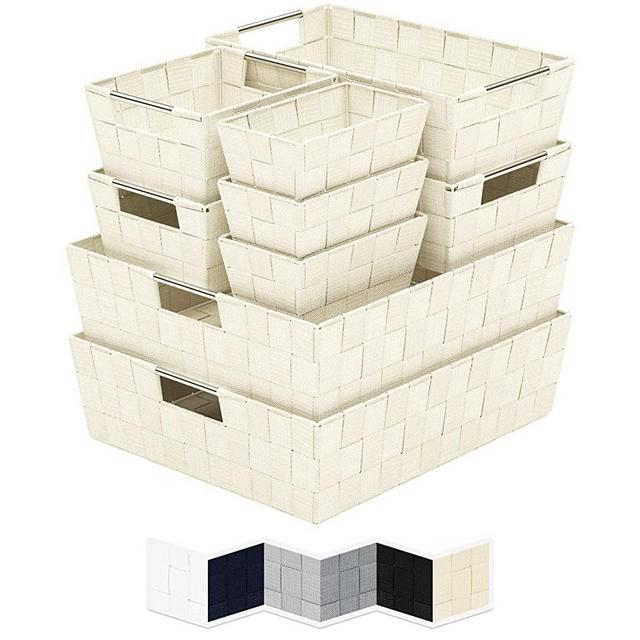 Woven Storage Baskets For Organizing - Set Of 9 Fabric Empty Organizer Bins With Handles - Great Bin For Organization, Linen Closet Shelves & Bathroom Basket. Empty Baskets For Gifts - (Cream)