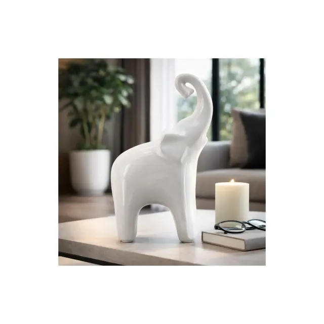 Decorative Ceramic Elephant Statue for Home Decor - Figurine Ornament for Bathroom, Office, and Living Room Accent - 11", White