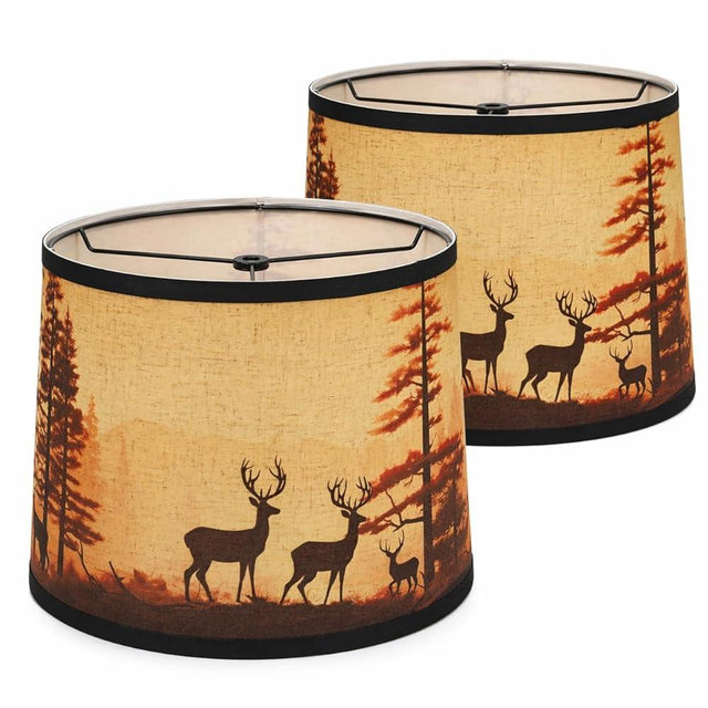 Rustic Deer Printed Large Drum Lamp Shades Set of 2. Easy Assembly.11.4"x13"x10" Barrel Brown Lamp Shade For Cabin Lodge Decoration.Replacement Lamp Shades For Table Lamps(Spider Model)