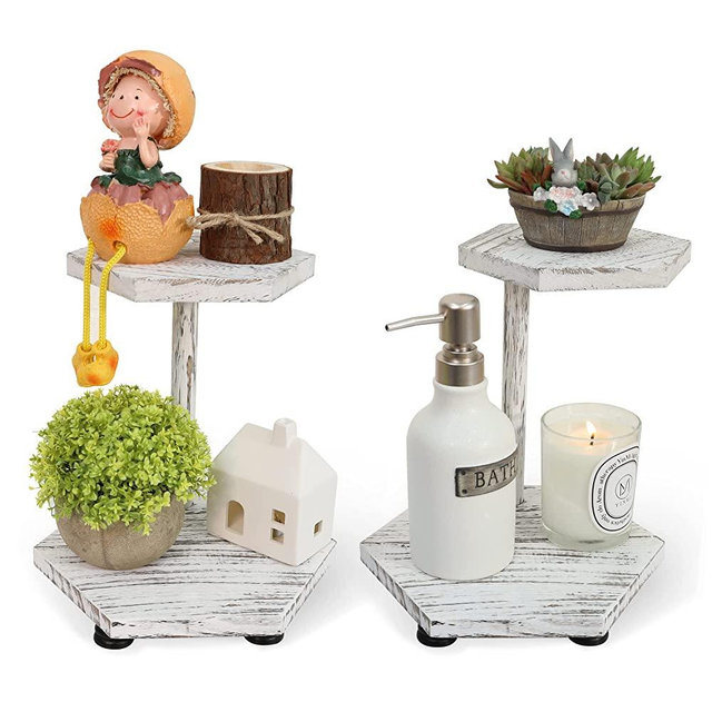 Tikea Hexagonal Wood Riser for Display, 2 Pcs Farmhouse Wood Pedestal Stand for Kitchen Bathroom Counter Decor, Decorative Tray for Soap Dispenser, Candle and Plant