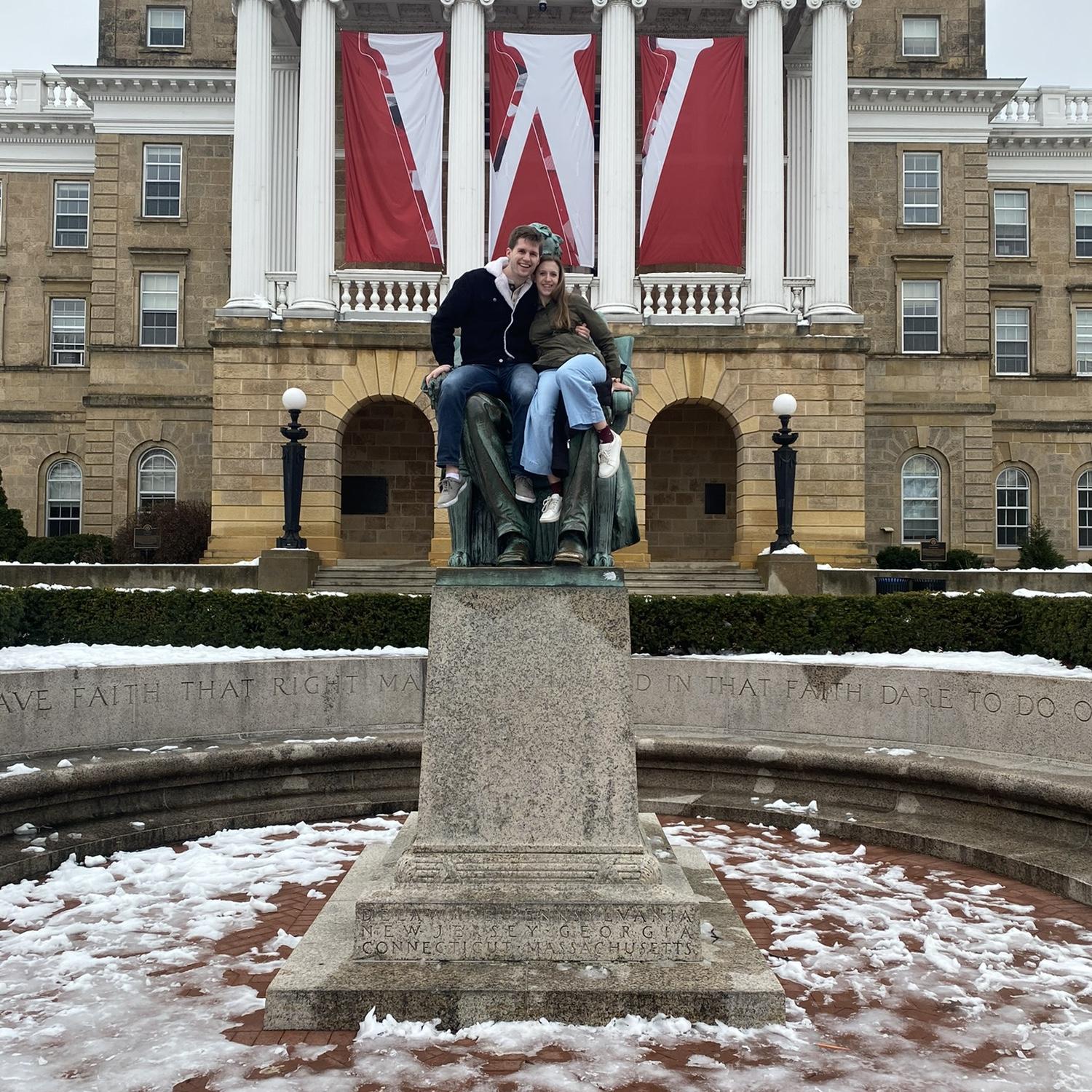 We recreated a photo of Maggie's parents sitting on the Abraham Lincoln statute on top of Bascom Hill.