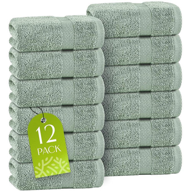 White Classic Green Washcloths Set for Body and Face Towel, Cotton Wash Cloths Bulk 12 Pack, Spa Fingertip Wash Clothes 12x12 Inch, Soft Absorbent Gym Towels