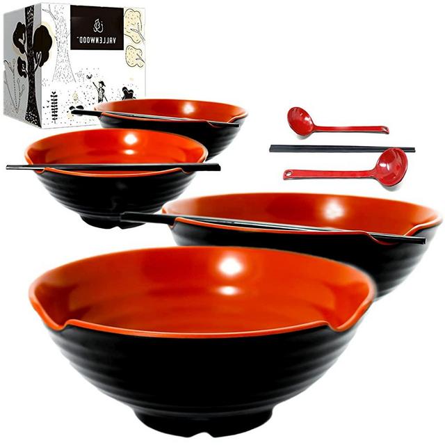 4 XL bowl set, 12 Pieces Ramen Bowl Set, Asian Japanese soup with Spoons and Chopsticks. Restaurant Quality Melamine, Large 52 oz for Noodles, Pho, Udon, Thai, Chinese dinnerware, 9 inch…