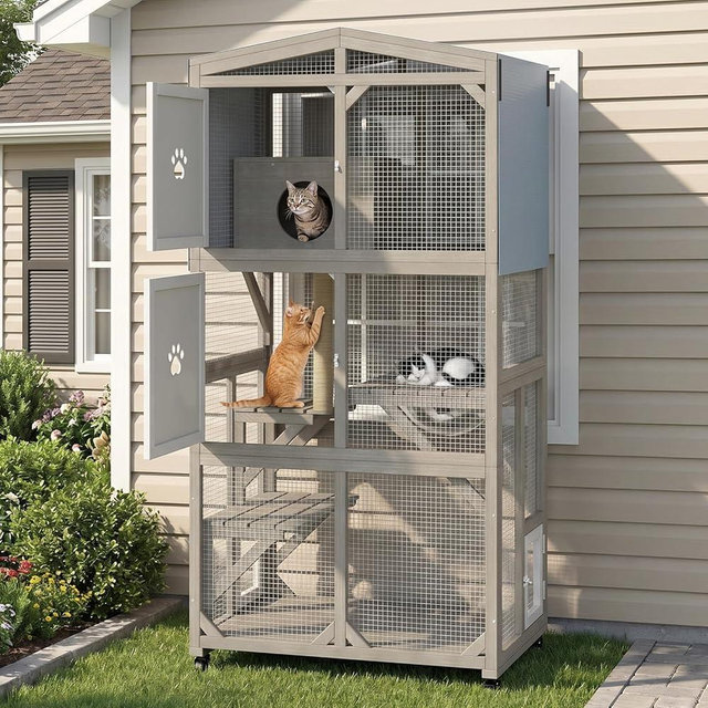 66.2" Catio Outdoor Cat Enclosure with Wheels & Window Access, Portable Large Wooden Cat Catio Cage for Balcony Patio, Weatherproof Expandable Cat House with 4 Platforms for Indoor Outdoor Cats