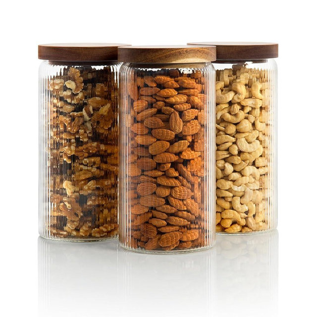 Ribbed Glass Jar with Wooden Lid 16.9oz / 27oz | Airtight Fluted Storage Container for Food, Pasta, Coffee, Candy, Dog Treats, Snacks | Canisters for Home & Kitchen (44 fl.oz / 1300ml -3X)