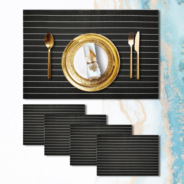 Placemats Set of 4 Vinyl Washable Black White Placemats, 18"x12" Wipeable Heat-Resistant Non-Slip Easy Clean Table Mats Ideal for Dining Table Table Runner and Outdoor (4, Black White Stripe Black)