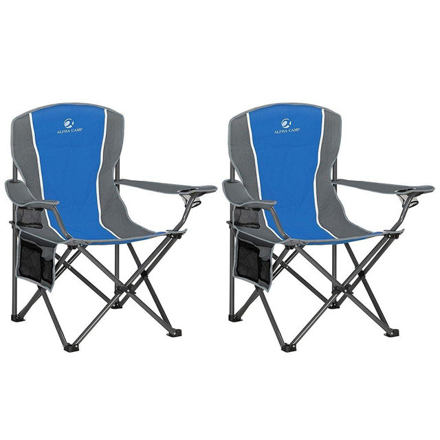 ALPHA CAMP Oversized Camping Folding Chair Heavy Duty Steel Frame Support 350 LBS Collapsible Padded Arm Chair with Cup Holder Quad Lumbar Back Chair Portable for Outdoor/Indoor