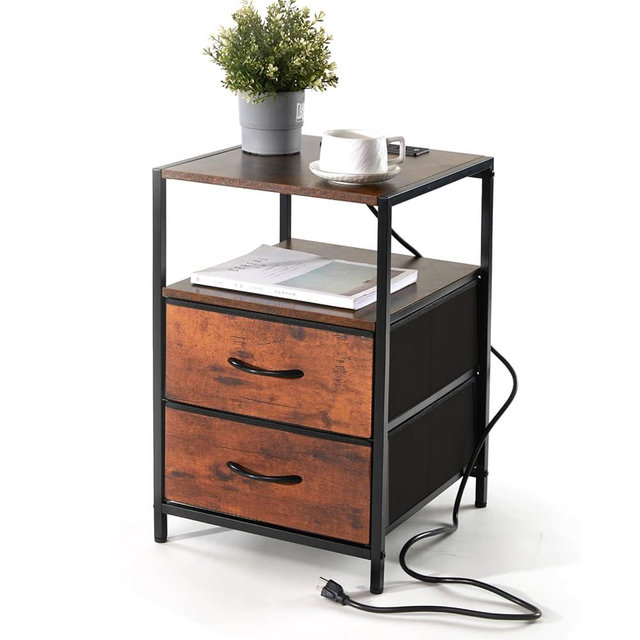 Nightstand with Charging Station Side End Table with USB Ports and Outlets Bedroom with Fabric Drawers with Open Shelf Modern Brown and Black
