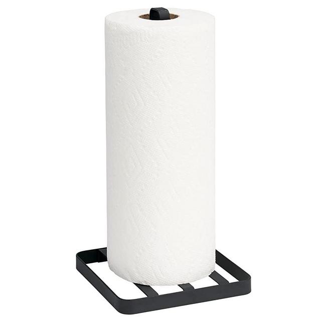 mDesign Modern Metal Vertical Disposable Paper Towel Holder Stand/Dispenser, Fits Standard and Jumbo-Sized Rolls for Kitchen Countertop, Pantry, Laundry or Utility Room, Garage Storage - Black