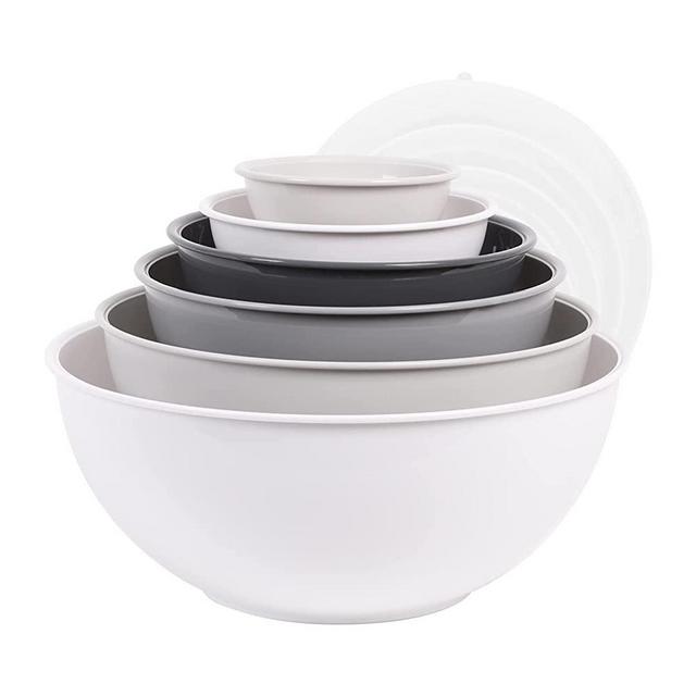 BoxedHome BPA Free Plastic Round Mixing Bowl with Lids, 12 Pack Nesting Bowls with Lids Set, Microwave and Dishwasher Safe Prep & Serving Bowls Great for Mixing, Baking, Serving (White, 12pcs)