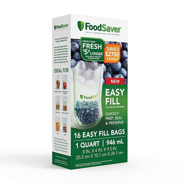 FoodSaver 2083545 Easy Fill 1-Quart Vacuum Sealer Bags | Commercial Grade and Reusable | 16 Count, Clear