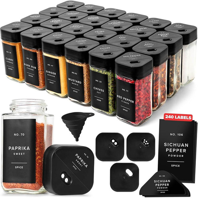 EDELHAUS Glass Spice Jars with Label and Black Rotating Lids (24 x 4oz) Spice Containers with 240 Labels, Shaker Inserts, Silicone Funnel, Empty Square Empty Square Seasoning Organizer