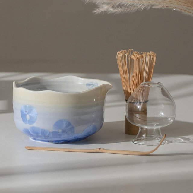 Handmade Natural Blue Flower Glazing Matcha Kit Handcrafted Matcha Bowl Set Matcha Gift Set Gift Ideas