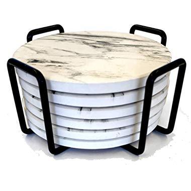 COASTERS FOR DRINKS ABSORBENT - Faux Marble Ceramic Coasters, Coasters for Drinks, Stone Coasters, Table Coaster Set with Cork Backing by Ovation Home (Marble Design) (6 Coasters with Holder)