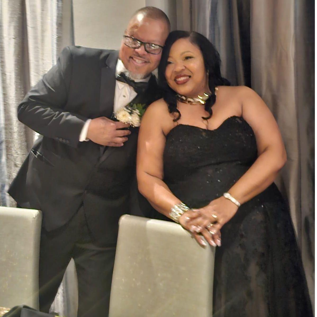 Bride & Groom arrive at the Black & Bling Themed Reception donned in formal attire