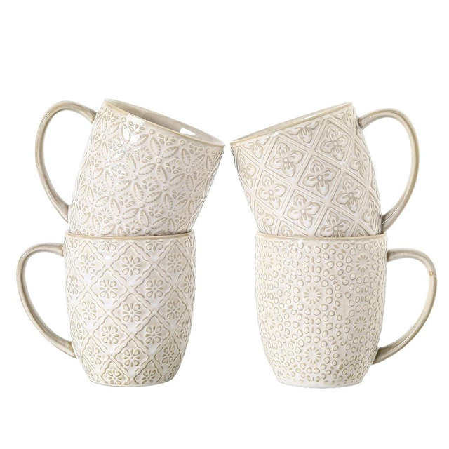 Feenmai Coffee Mugs Set of 4, 16 Oz Ceramic Coffee Mugs, Large Porcelain Embossed Cups for Cocoa, Tea, Milk, Mocha, Cappuccino, Microwave & Dishwasher Safe, Comfort Handle, 3.5 x 4.5 inch