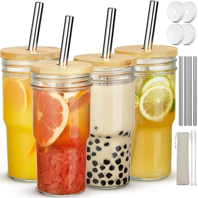  Qipecedm 4 Pack Glass Cups with Bamboo Lids and Straws, 22 oz Glass  Tumbler with Straw and Lid, Reusable Boba Cup Smoothie Cup Iced Coffee Cup  Wide Mouth Mason Jar Cups