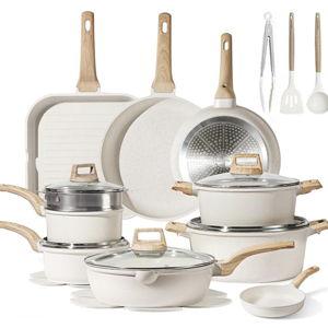 CAROTE 22pcs Pots and Pans Set Nonstick, Cookware Set White Granite Induction Kitchen Cooking Set w/Frying Pans & Saucepans& Grill Pan(PFOS, PFOA Free)