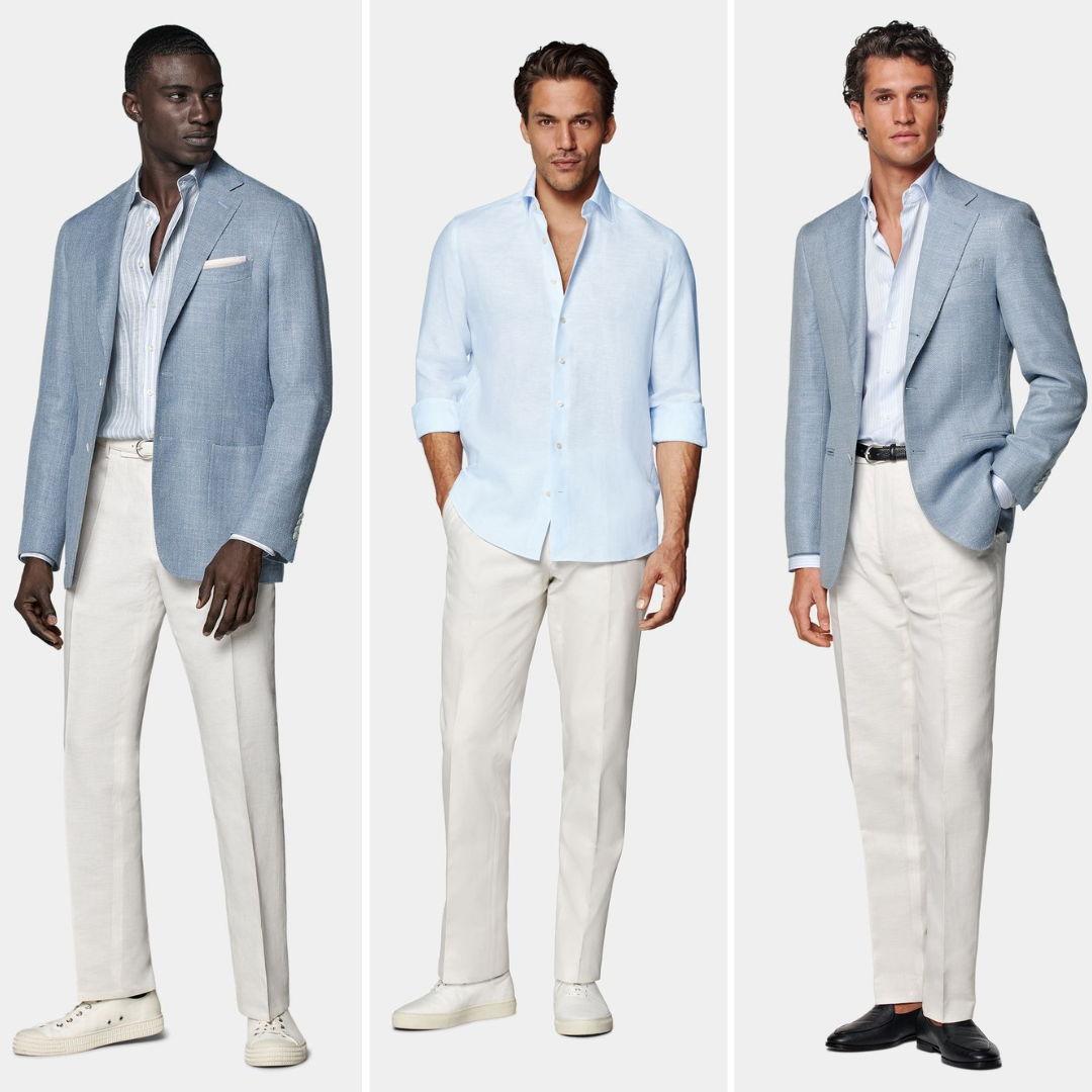 Light blue and linen inspiration for men - fresh, coastal, and ideal for daytime elegance against our garden backdrop.