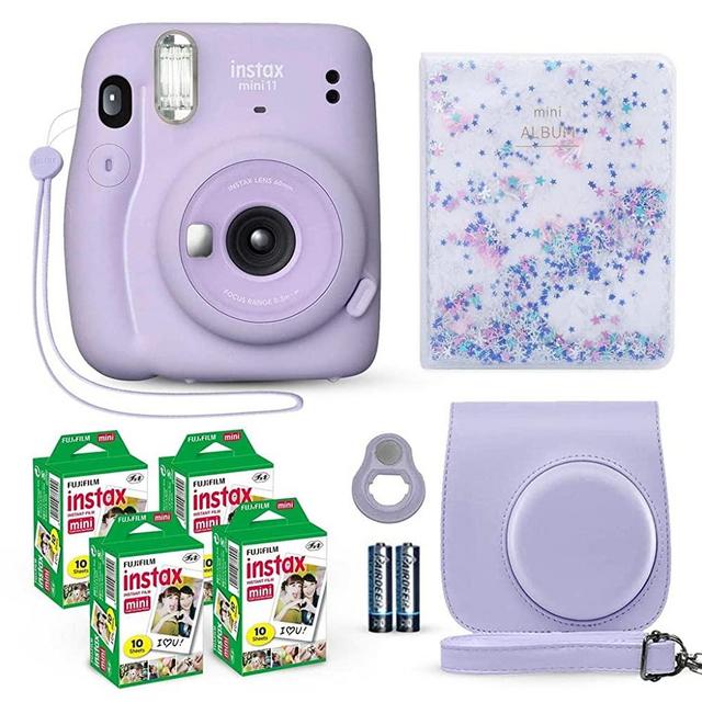 Fujifilm Instax Mini 11 Instant Camera Lilac Purple + Fuji Film Value Pack (40 Sheets) + Shutter Accessories Bundle, Incl. Compatible Carrying Case, Selfie Lens, Quicksand Beads Photo Album 64 Pockets