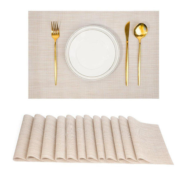 flohar Placemats Set of 12，Non-Slip PVC Weave Table Mats Easy to Clean，Heat Resistant Place Mats for Kitchen Dining Table Decoration Indoor Outdoor，Beige White