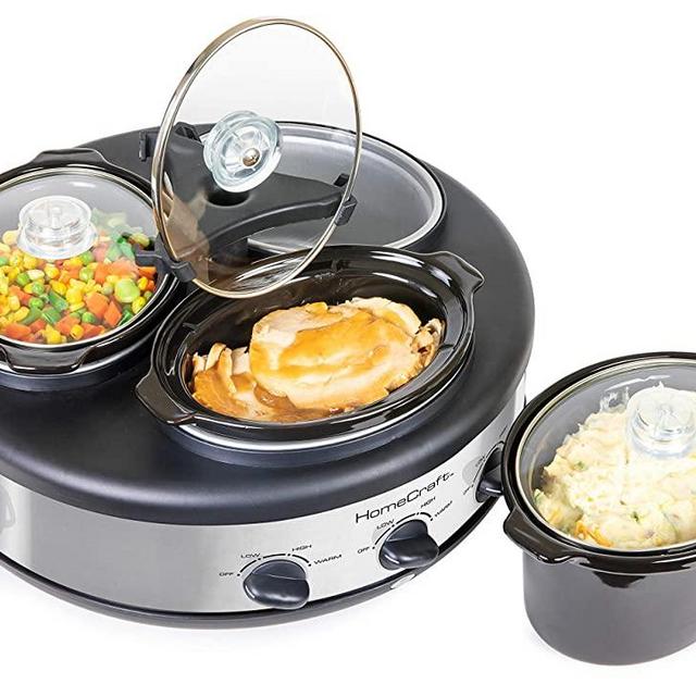 HomeCraft HCRTSCO15SS Triple Round Oval 1.5 Quart Stainless Steel Cooker Buffet With Adjustable Temperature Control, Removable Lids & Spoon Rests, Perfect For Dinner, Appetizers