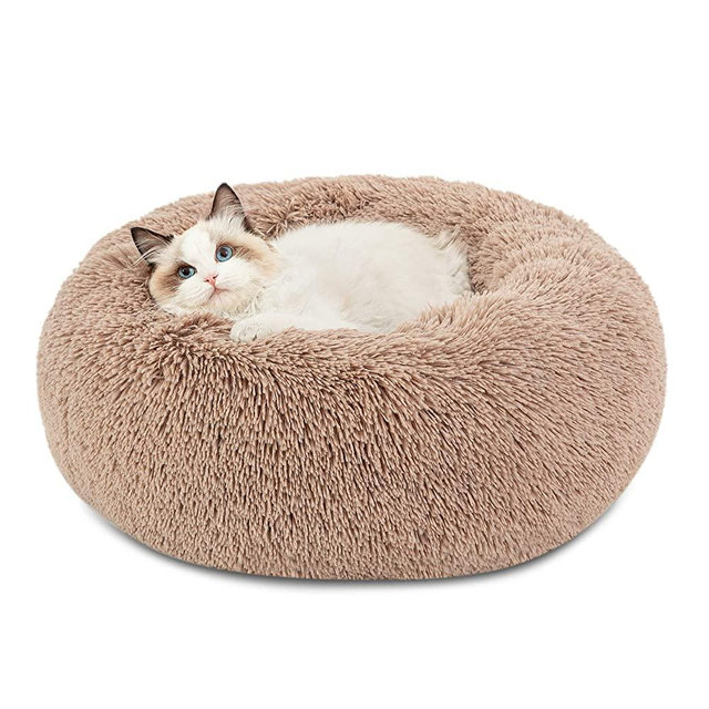 Bedsure Calming Cat Beds for Indoor Cats - Large Cat Bed Washable 20 inches, Anti Anxiety Round Fluffy Plush Faux Fur Pet Bed, Fits up to 15 lbs Pets, Camel