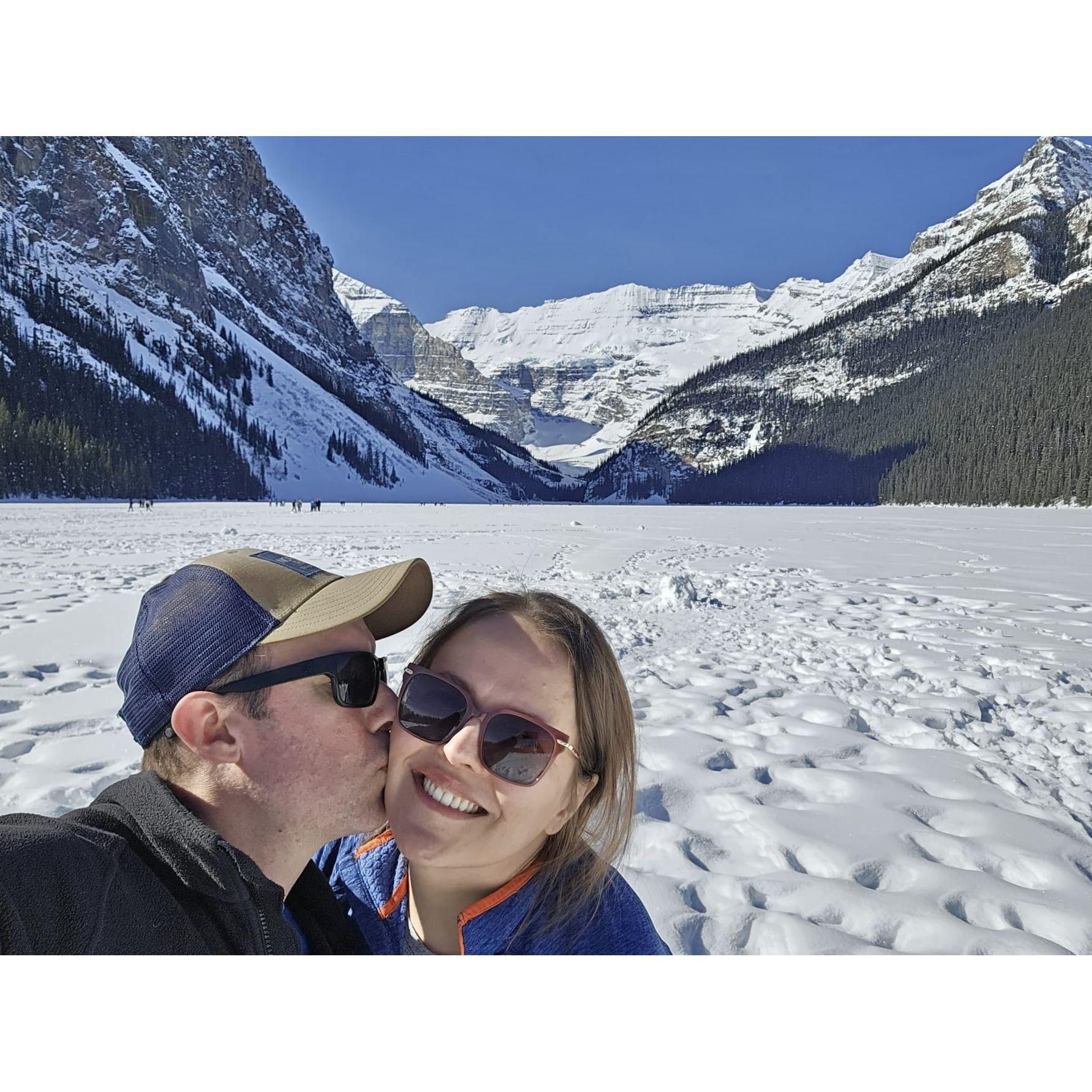 On Lake Louise, checking out our wedding venue in March 2024
